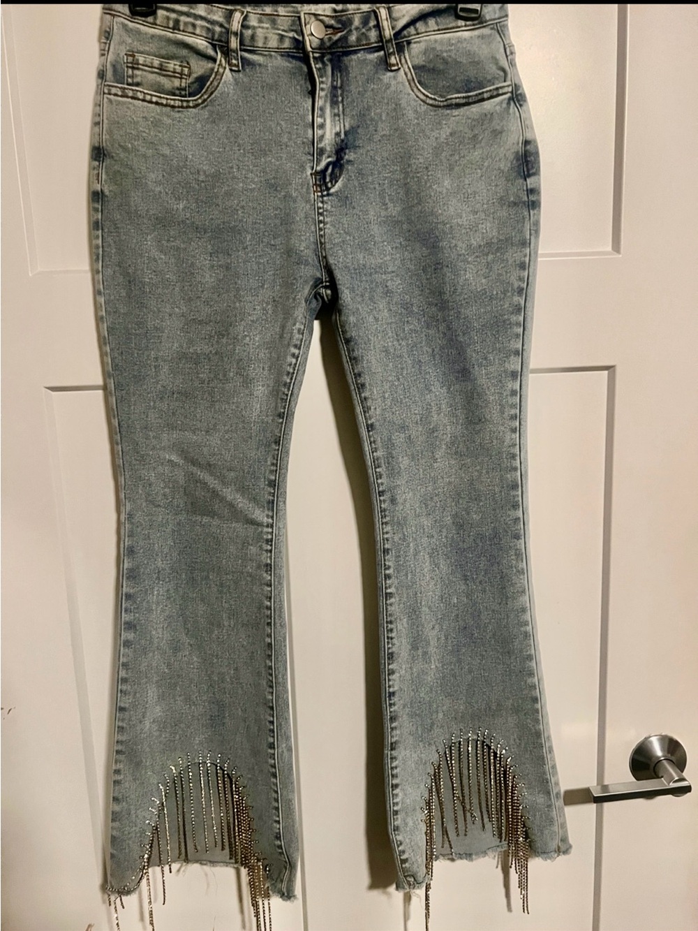 SHEIN Light Gray Women's Ankle Cropped Skinny Jeans with Cascade of Rhinestones